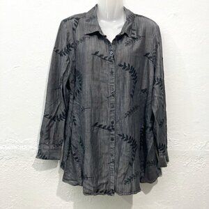 Soft Surroundings Chambray Tencel Button Up Long Sleeve Shirt Embroidered L